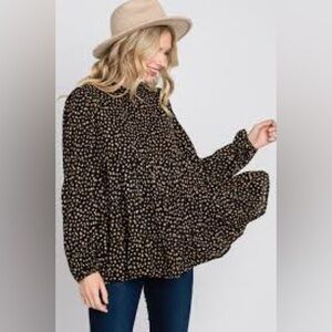Ott Black Tiered Long Sleeve Blouse – Smudge Dot Print – Size Small